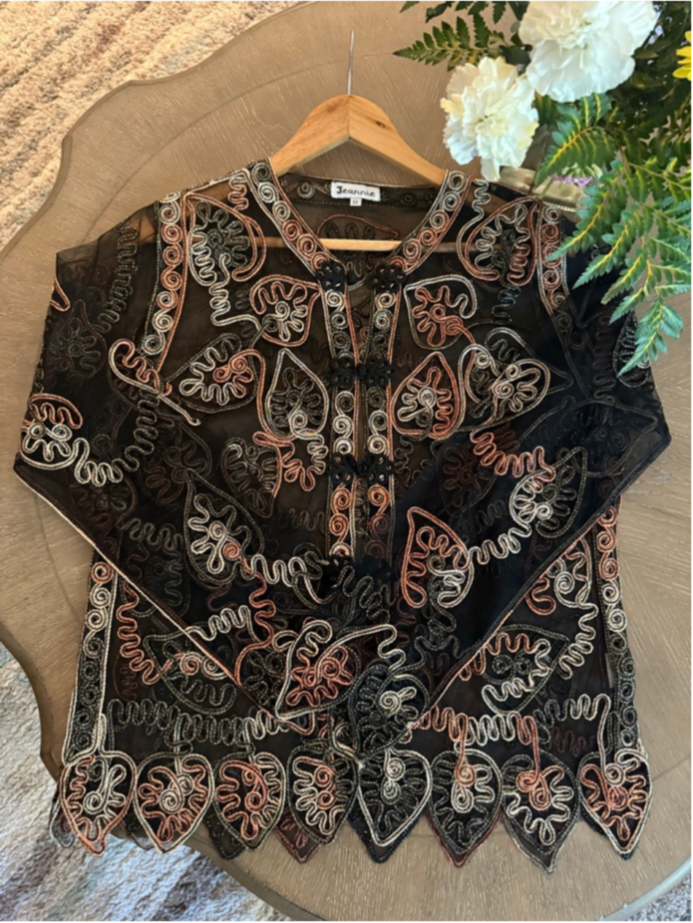 Women's Jeannie Black Gold Embroidered Sheer Blouse M